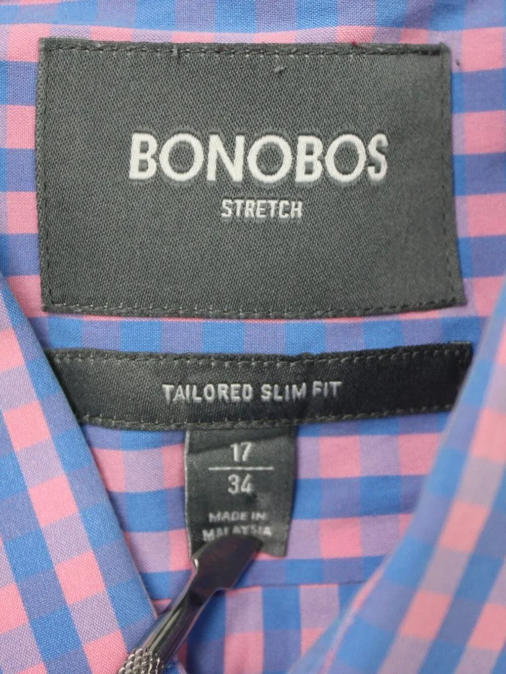 Bonobos Shirt Mens 17, 34 Pink/Blue Check Tailored Slim Fit Long Sleeve Button